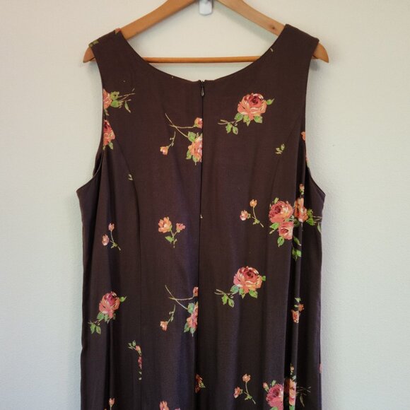 Vintage Laura Ashley Brown Pink Roses Midi/Maxi Slvless Dress Women 14 Cottage - Picture 9 of 12